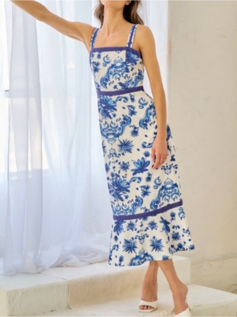 Lalavon Blue Floral Square-Neck Midi Dress